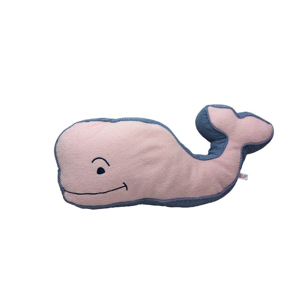 Vineyard Vines Throw Toss Pillow Pink Whale Logo blue gingham checked edge Plush
